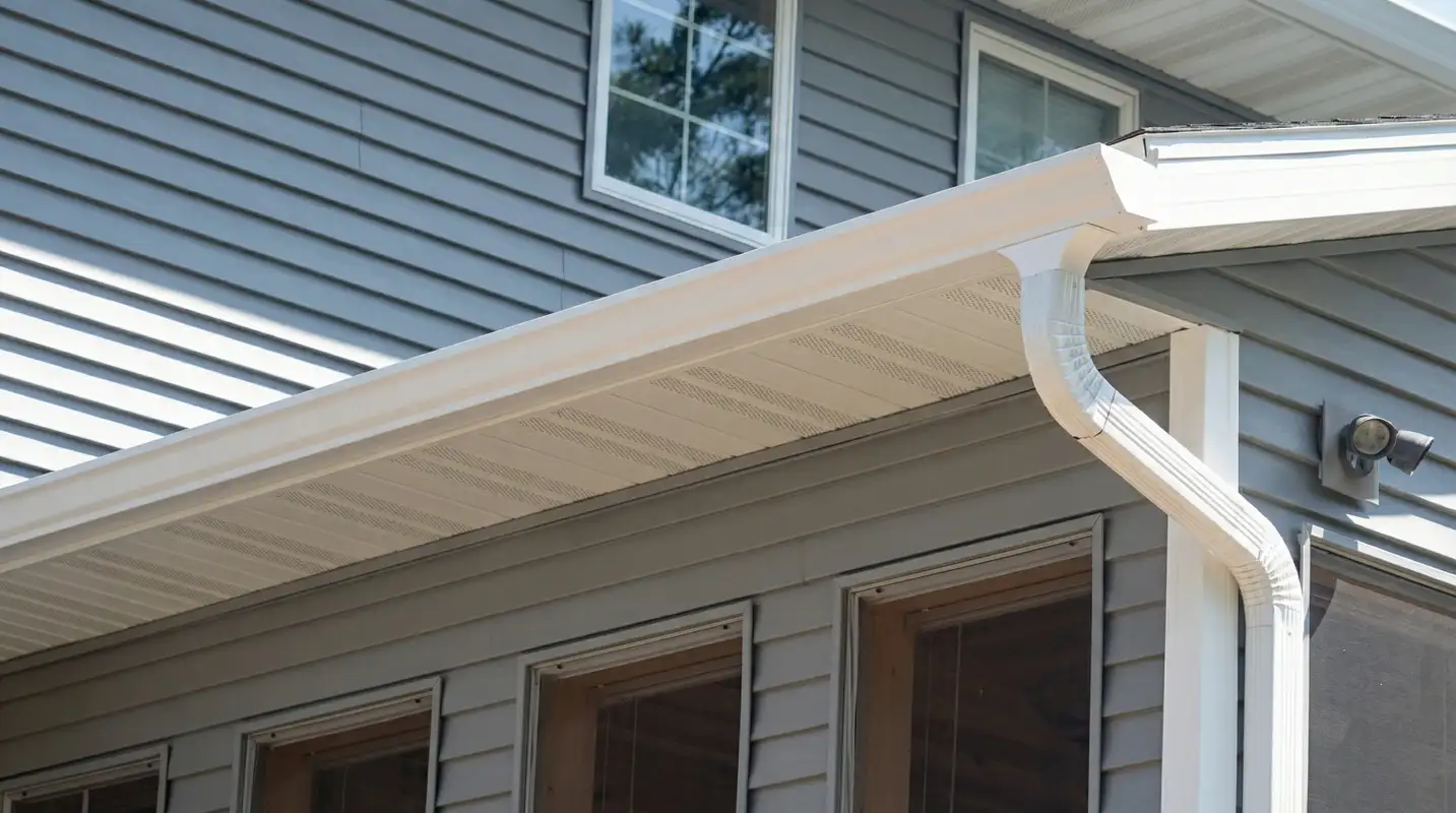 Professional home remodeling project showing newly installed white seamless gutters and downspouts on a house with gray siding in Honolulu, HI