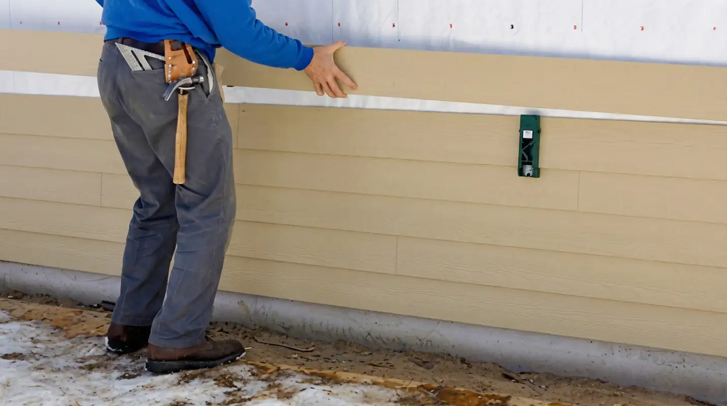 Siding replacement expert carefully aligning a new tan siding panel onto a residential exterior wall in Honolulu, HI