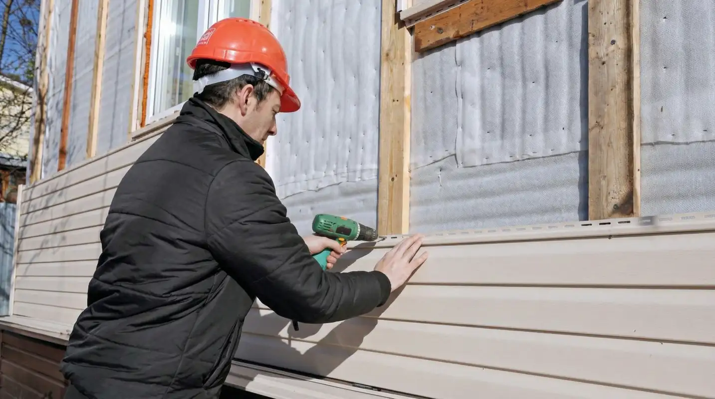 Siding replacement professional using a power drill to install new tan vinyl siding on a home exterior in Honolulu, HI