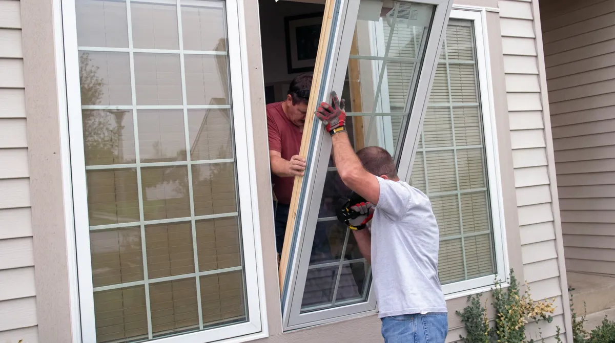 Professional home remodeling team installing a large replacement window on a house with tan siding in Honolulu, HI