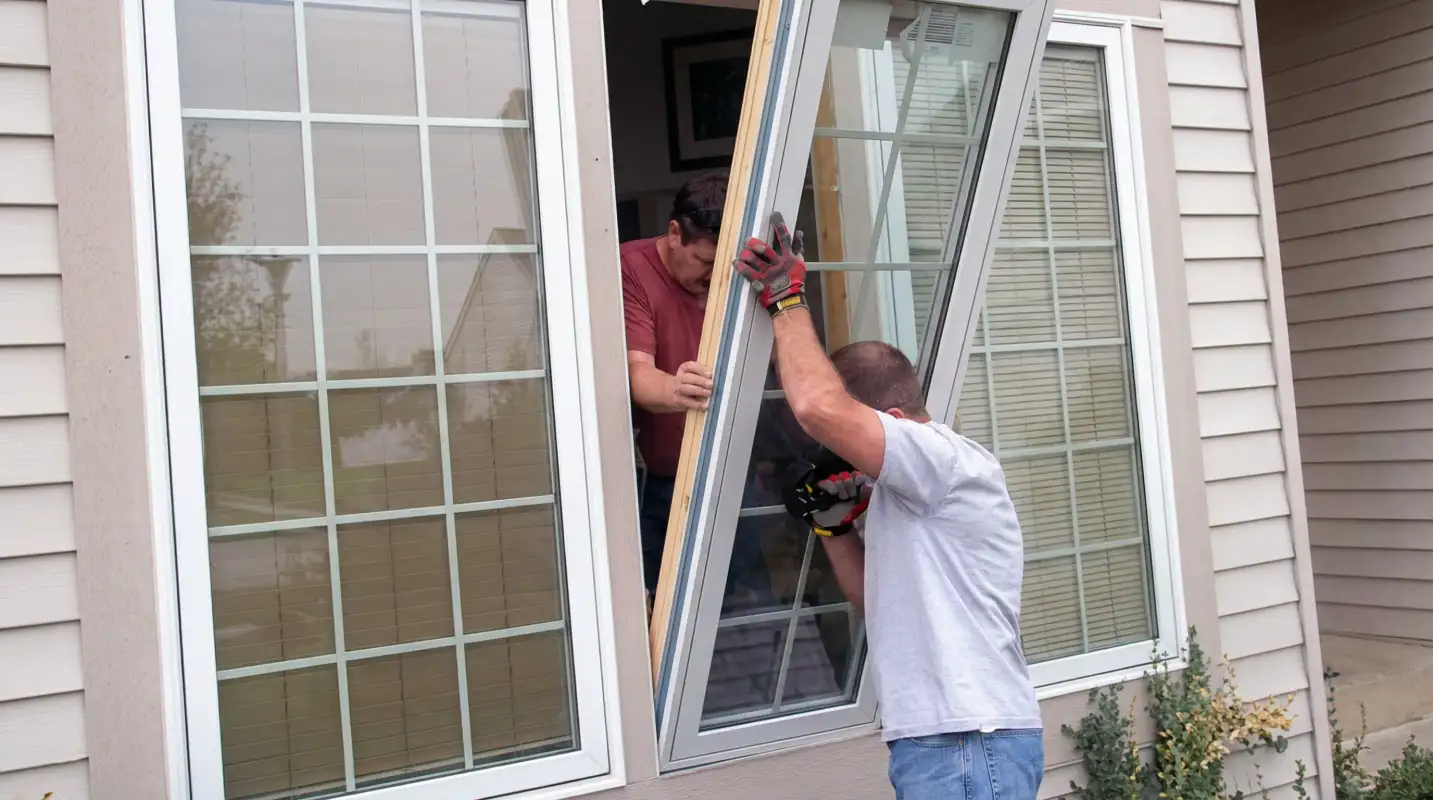 Professional home remodeling team installing a large replacement window on a house with tan siding in Honolulu, HI